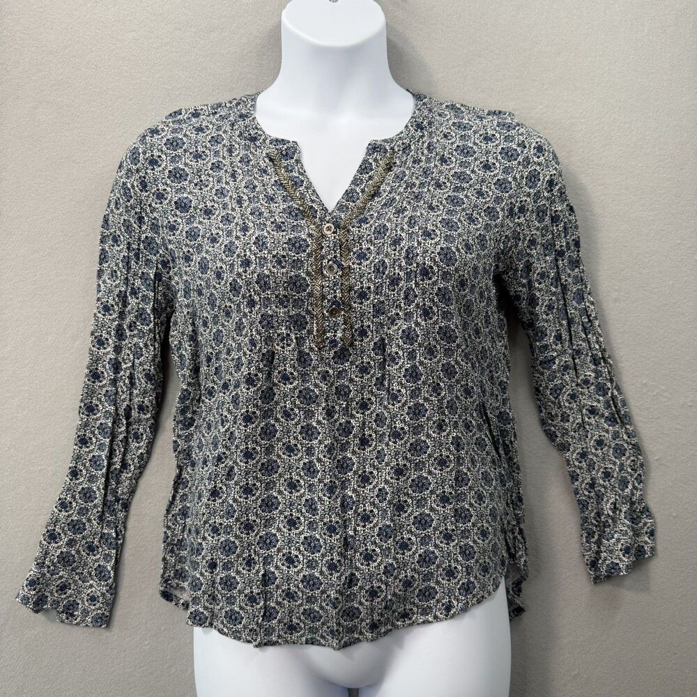 Westport Women Large Blouse Blue Medallion Floral Split V Neck Button Top Boho L